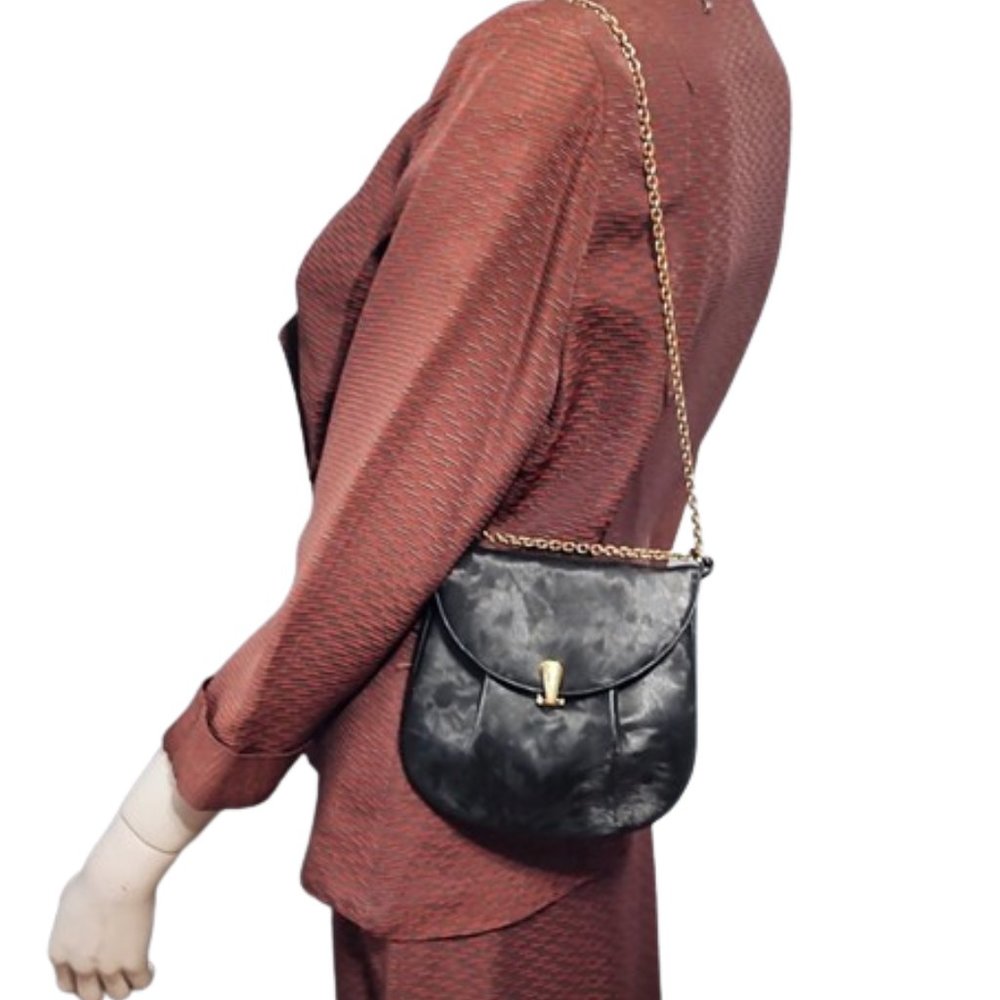 1960s Vintage Small Black Textured Vinyl Shoulder Bag With A Gold Chain Strap